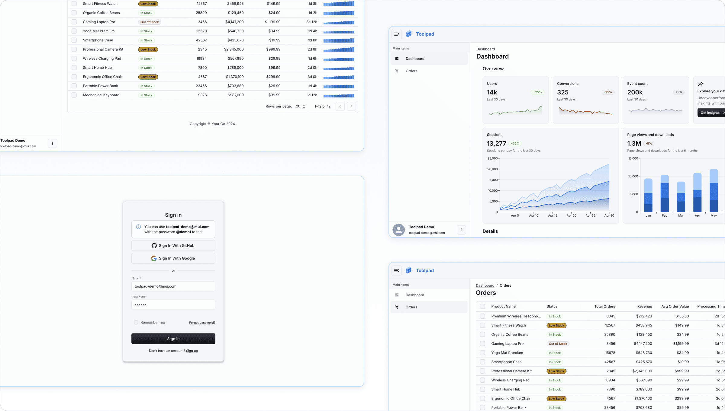 The Toolpad Core template comes with authentication, navigation and theming integrated